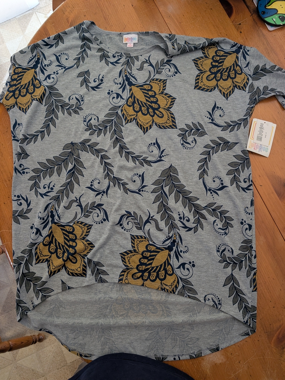 LuLaRoe Gray Tee with Mustard and Navy Floral Print